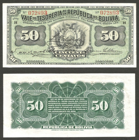 1902 Banknote Republic of Bolivia Series H 50 Centavos Pick 91a Crisp UNC.