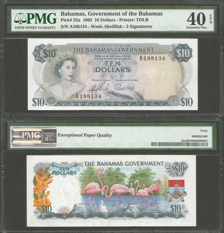 1965 The Bahamas Government 10 Dollars Banknote Pick Number 22a XF 40 EPQ