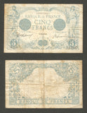 1912-17 France 5 Francs Banknote Pick #70 Blue Man and Woman Standing About VF