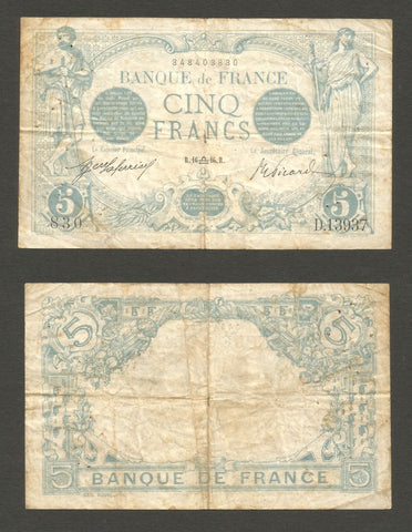 1912-17 France 5 Francs Banknote Pick #70 Blue Man and Woman Standing About VF