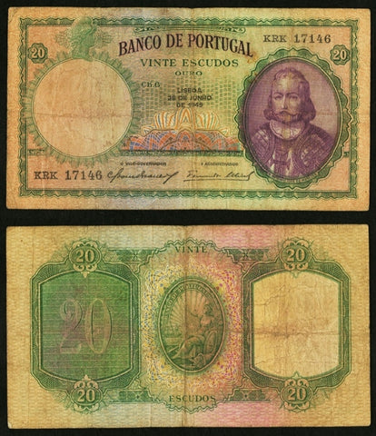 1949 Bank of Portugal 20 Escudos Banknote Pick No. 153a Antonio Luiz de Meneses