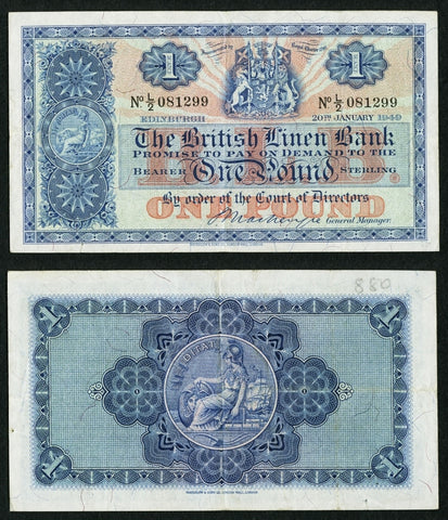 1949 One Pound Sterling Banknote The British Linen Bank Pick 157c VF+