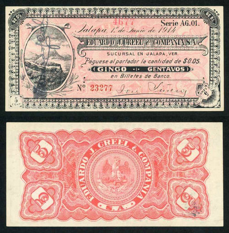 1914 Mexico Jalapa Veracruz Eduardo J. Creel & Co. Five Centavos Currency Note Pick Number Unlisted Extremely Fine Banknote