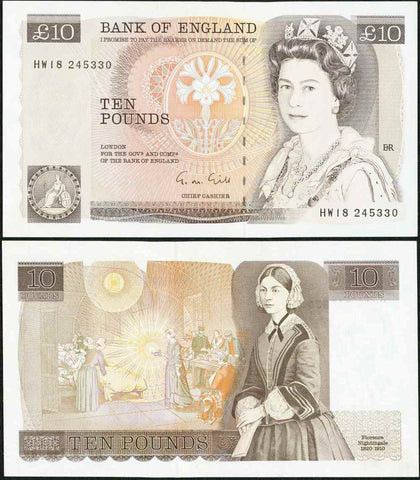1988-1991 Great Britain Ten Pounds Banknote P-379e Signed Gill Prefix HW18 UNC