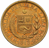 Scarce 1913 Peru Gold Coin Libra (Pound) Lima Mint Native Head Facing Right AU55