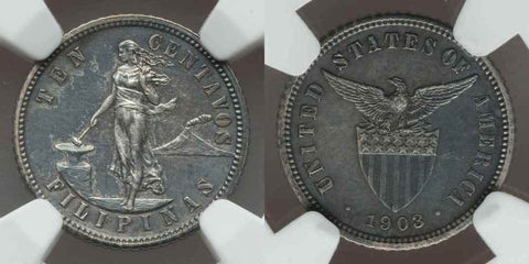 Silver Coin Philippines US Administration 1903 Ten Centavos About Uncirculated