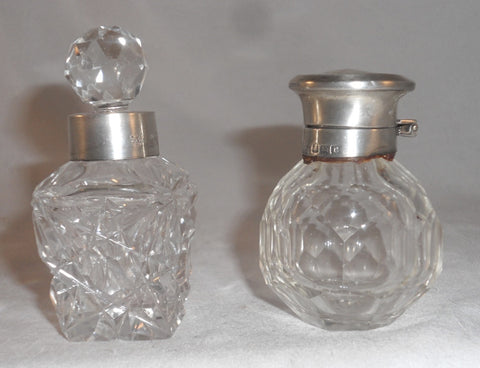 2 Antique Crystal Perfume Bottles Sterling Silver Tops Birmingham London England