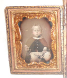 2 Antique Daguerreotype Photos of Children Boy Sitting & Girl Standing w/ Purse