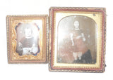 2 Antique Daguerreotype Photos of Children Boy Sitting & Girl Standing w/ Purse