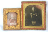 2 Antique Daguerreotype Photos of Children Boy Sitting & Girl Standing w/ Purse