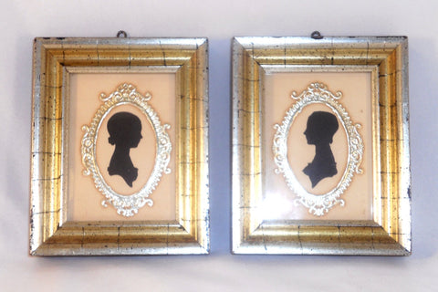Pair Antique Silhouette of Women within Golden Ovals Matching Gold Leafed Frames