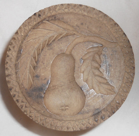 Antique Single Piece Lathe Turned Carved Wood Butter Print Unusual Pear Design Knob Shaped Handle