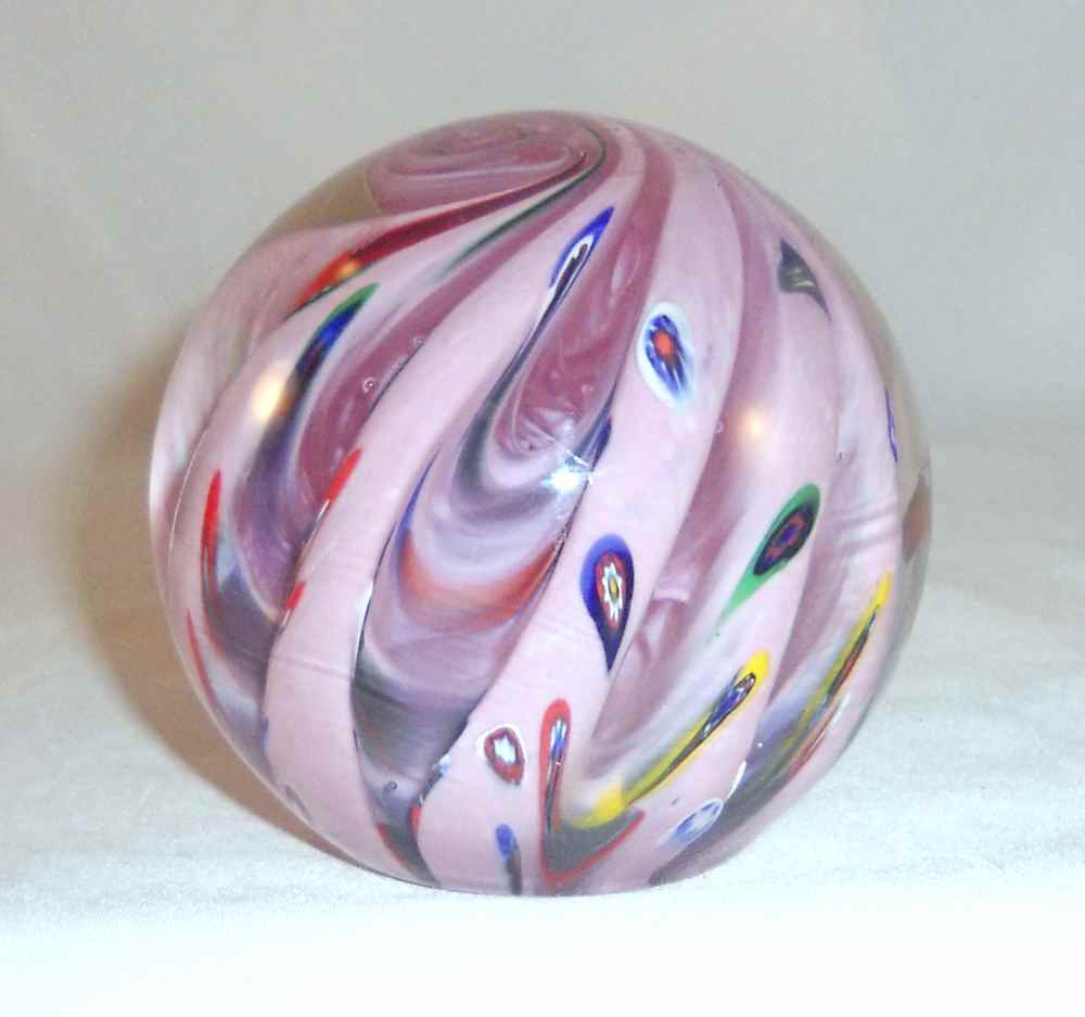 Vintage Blown Art Glass Paperweight Pink Swirl & Colorful Highlights M ...