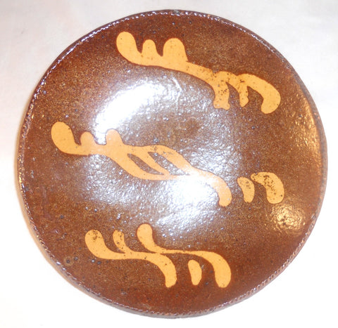 Antique ~7 Inch Lead Glazed Yellow Slip Decorated Redware Plate Southeastern PA