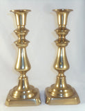 Pair Antique 10 1/2" Tall Push Rod Brass Candlestick Holders Square Chamfer Base