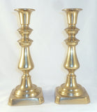 Pair Antique 10 1/2" Tall Push Rod Brass Candlestick Holders Square Chamfer Base