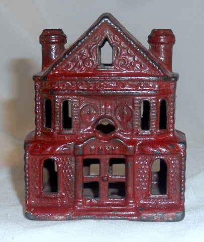 Old Cast Iron J & E Stevens Still Penny Bank 2-Story Victorian House 2 Chimneys