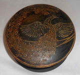Turned Softwood Signed Round Painted Trinket Box With Raised Peacock Decoration