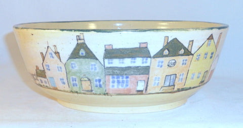 1992 Glazed Stoneware Deep Bowl Houses Trees Hay Creek Pots Bldg. Russell Henry