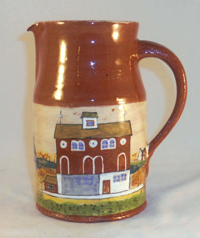 1976 Glazed Redware Pitcher Pennsylvania German Country Scene by Russell Henry
