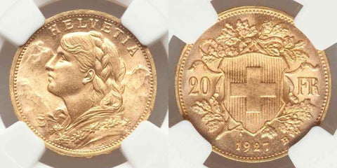 1927B Beautiful Gold Coin Switzerland Swiss Confederation Twenty Francs MS 65