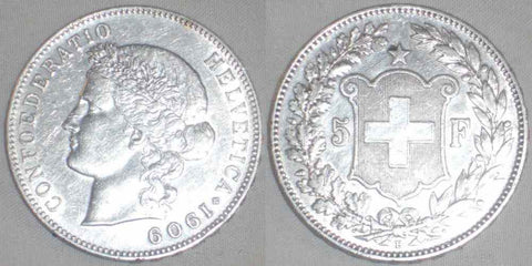 1909B Switzerland Five Francs Large Heavy Silver Coin Swiss Confederation VF++