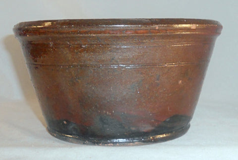 Antique Lead Glazed Dark Brown Colored Redware Milk Bowl by Henry Schofield, Sr.