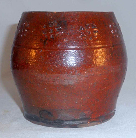 Antique Henry Schofield Glazed Redware Barrel Shaped Beaker or Drinking Vessel