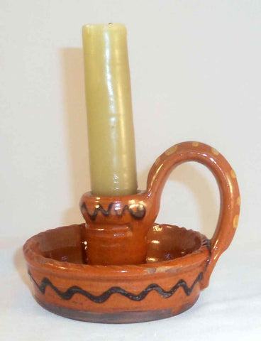 2004 Glazed & Slip Decorated Redware Chamber Candlestick Holder By Greg Shooner