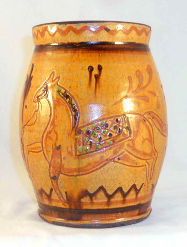 1997 Redware Crock Lead Glazed Sgraffito Tulip Horse & Soldier Decoration By Greg Shooner