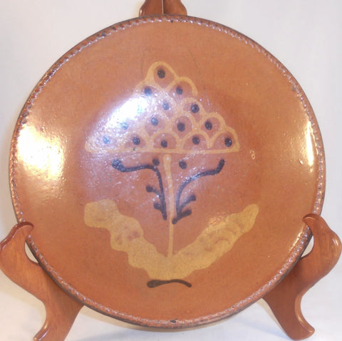 2004 Redware Reproduction Slip Decorated 8 1/2" Deep Plate Cock's Comb Flower by Greg Shooner