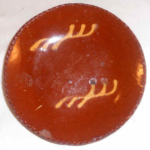 Old Glazed and Slip Decorated Orangish-Brown Redware Small Dish Southeastern PA