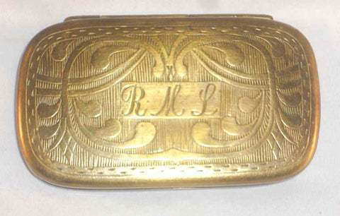 Antique Pewter Lined Brass Snuff Box Hinged Lid Chased & Engraved Decoration