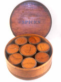 Great Antique Spice Set 8 Wood Canisters Housed in Large Matching Bentwood Box