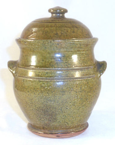1937 Thomas Stahl Redware Glazed Speckled Green Covered Jar Powder Valley PA