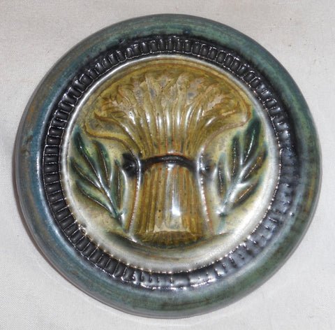 1948 Glazed Redware Round Plaque w/ Raised Wheat Sheaf Design by Russell Stahl