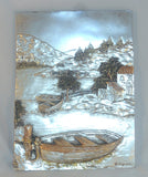 Contemporary Sterling Silver 3D Mountain Lake Front Scene Houses & Moored Boats