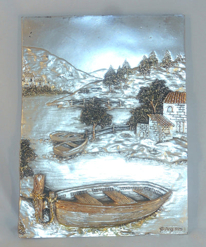 Contemporary Sterling Silver 3D Mountain Lake Front Scene Houses & Moored Boats