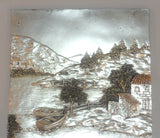 Contemporary Sterling Silver 3D Mountain Lake Front Scene Houses & Moored Boats