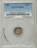 Uncirculated 1851 Three-Cent Uncirculated Silver Coin PCGS Graded MS65