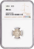 Beautiful Lustrous 1851 Three-Cent Uncirculated Silver Coin NGC Graded MS61