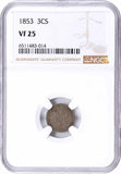 Nice 1853 Three-Cent Silver Coin Graded VF25 by NGC