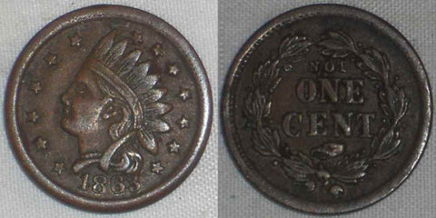 1863 Copper Patriotic Civil War Token Indian Head "NOT ONE CENT" Fuld 90/364a