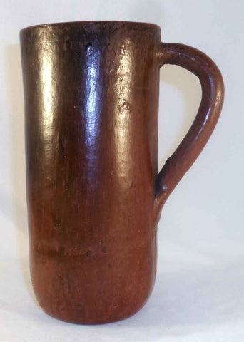 Unusual Antique Glazed Redware 7" Tall Handled Tankard w/ Thin Walls Nice Color