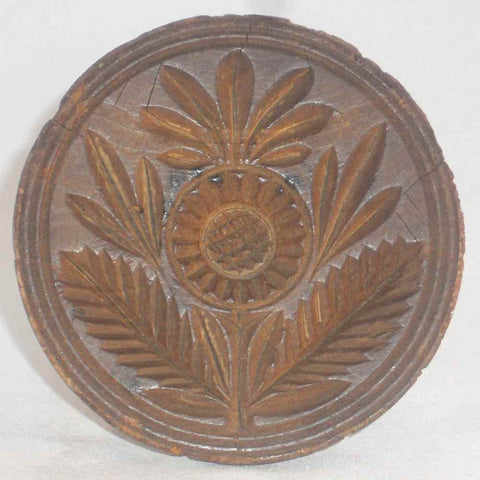 Antique Turned Carved Wood Butter Print Central Flower Design Knob Shaped Handel