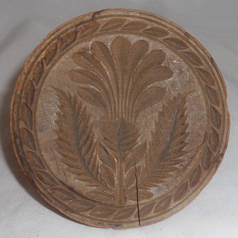 Antique Turned Single Piece Wood Butter Print Flower Design Knob Shaped Handel