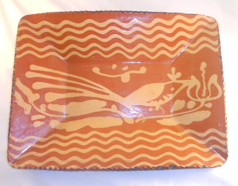 Contemporary Turtle Creek Glazed Redware Plate Long Tailed Bird & Tulip Slip