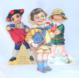 Three Old Stand-Up Mechanical Valentines Boy W/ Apple Boy Matador Girl W/ Heart