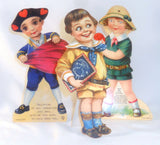 Three Old Stand-Up Mechanical Valentines Boy W/ Apple Boy Matador Girl W/ Heart