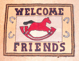 Vintage Pictorial Amish/Mennonite Hooked Rug Red Rocking Horse "Welcome Friends"